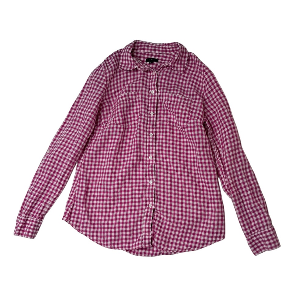 Talbots Button Up Shirt Womens Small Pink Gingham 100% Linen Shirt‎ Long Sleeve